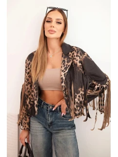 Dámská semišová bunda s leopardím vzorem a třásněmi černá