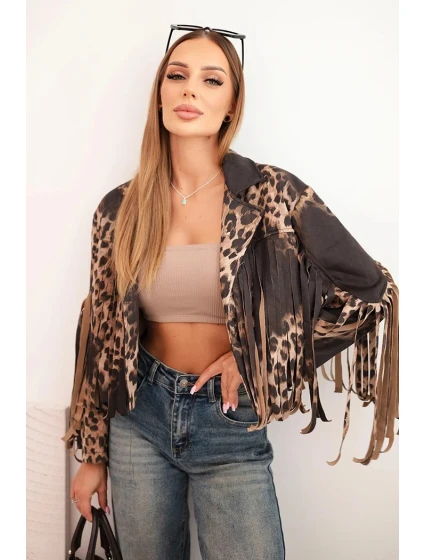 Dámská semišová bunda s leopardím vzorem a třásněmi černá Dámská semišová bunda s leopardím vzorem a třásněmi černá