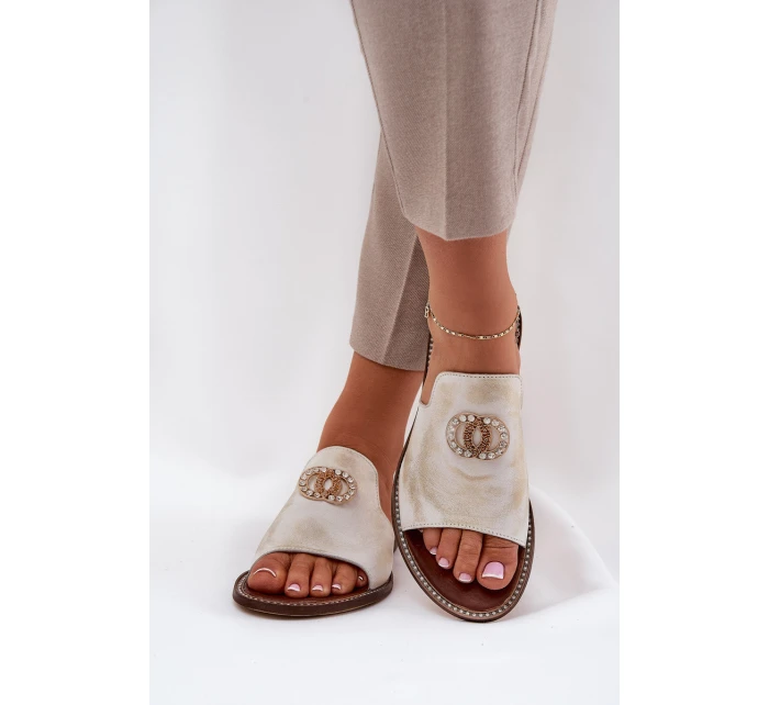 Elegantní Dámské Kožené Pantofle S Dekorací  Zlatý model 21686276 - Zazoo