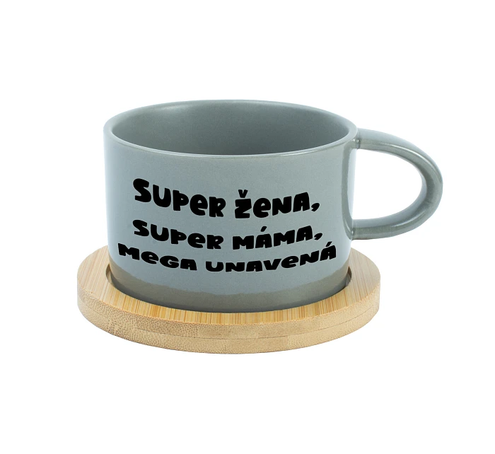 SUPER ŽENA, SUPER MÁMA, MEGA UNAVENÁ. - šedý hrníček makronka 200 ml