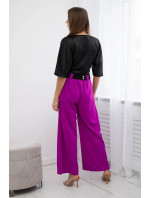 Viskózové nohavice so širokými nohavicami tmavo fialové