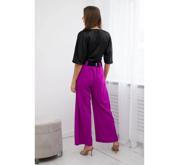 Viskózové kalhoty s širokými nohavicemi tmavě fialová