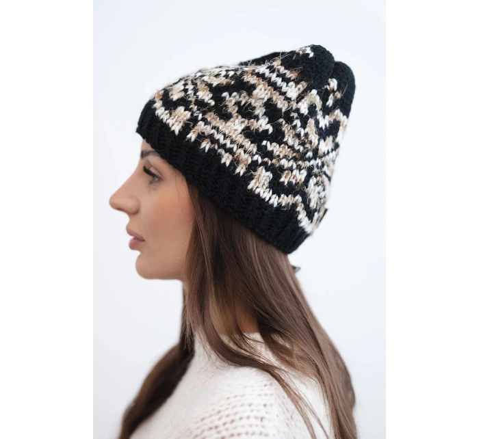Dámska zimná vlnená čiapka s nórskym vzorom K354 black+beige