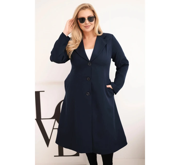 Dámský kabát Plus Size klasický s knoflíky a límečkem modrý