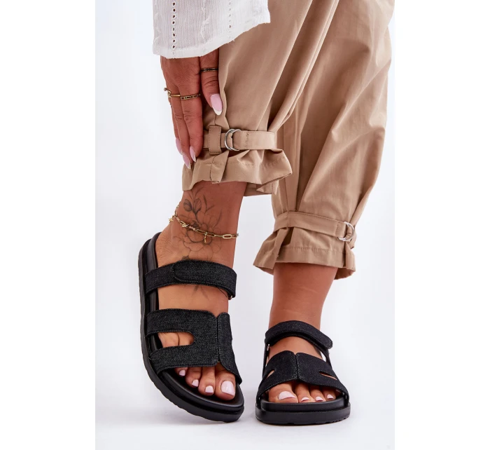 Materiałowe Damskie Klapki Na Rzep Czarne Jose