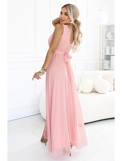 dlouhé maxi šaty s kulatým výstřihem – pudrově růžové model 22261871 - numoco basic