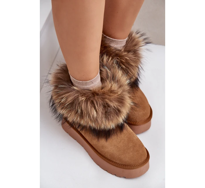 Skórzane Śniegowce Na Platformie Z Futerkiem Camel Avirisa