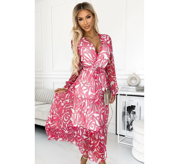 Dámské síťované šaty ve fuchsiové barvě s výstřihem a dlouhými rukávy model 18630781 - numoco basic Dámské síťované šaty ve fuchsiové barvě s výstřihem a dlouhými rukávy model 18630781 - numoco basic