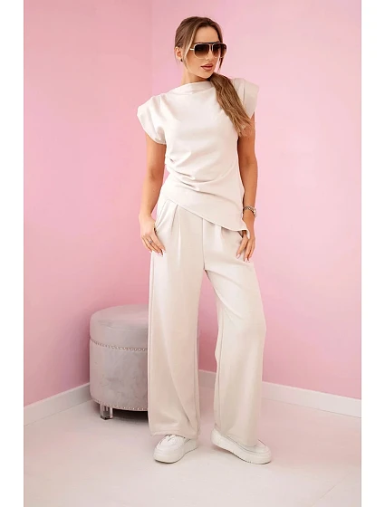 Asymetrická blúzka + nohavice béžová