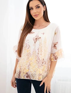 Dámska blúzka s plisovanými rukávmi a žltou potlačou