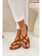 Skórzane Płaskie Sandały Z Przeplatającymi Się Paseczkami Zazoo 40429 Brązowe
