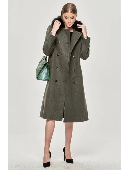 Dlouhý kabát v khaki barvě s límcem model 15837924 - Ann Gissy