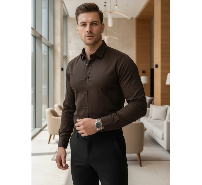 Pánská elegantní hladká tmavě hnědá košile SLIM FIT Dstreet model 21995754 - FashionStreet