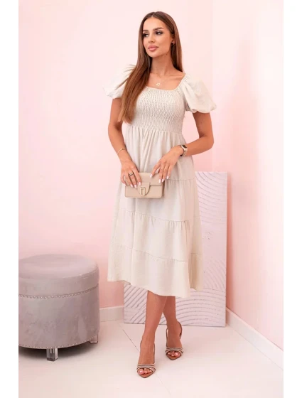 Dámské viskózové šaty s nabíranými rukávy a volánkovým topem béžový
