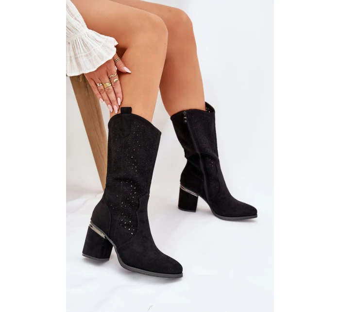 Ażurowe Kozaki Kowbojki Do Połowy Łydki S.Barski HY51-238 Czarne Ażurowe Kozaki Kowbojki Do Połowy Łydki S.Barski HY51-238 Czarne