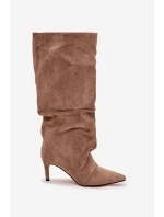 Dámske zateplené čižmy na podpätku Mavella - béžové, eko semiš Dámske zateplené čižmy na podpätku Mavella - béžové, eko semiš