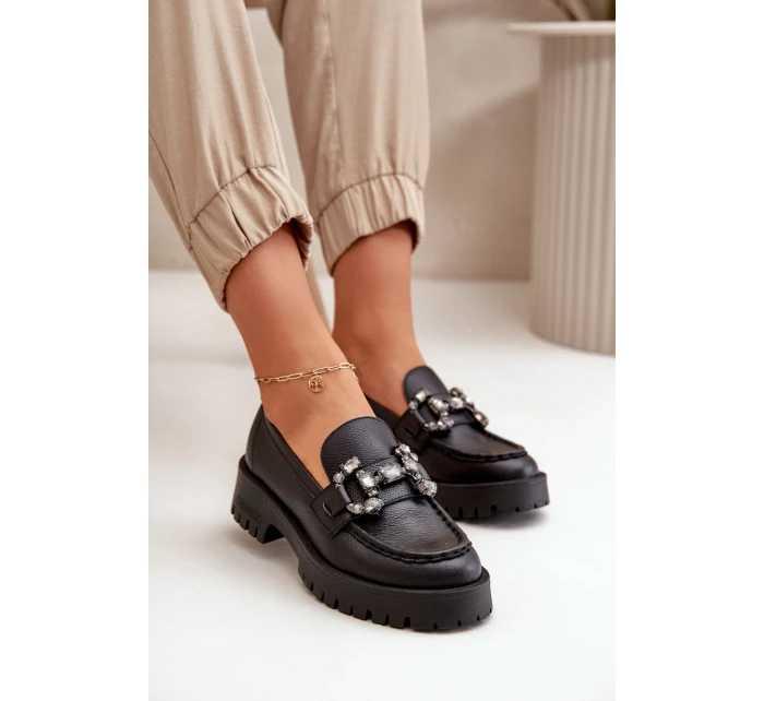 Damskie Skórzane Mokasyny Z Ozdobą CheBello 4369 Czarne