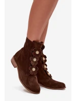 Zamszowe Botki Damskie Z Ozdobnymi Kwiatkami Zazoo 3085 Brązowe