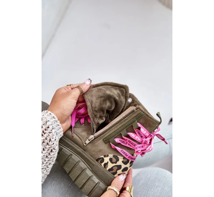 Dámske členkové topánky na platforme s ozdobným čipkovaným leopardím vzorom zelené Edidda Dámske členkové topánky na platforme s ozdobným čipkovaným leopardím vzorom zelené Edidda