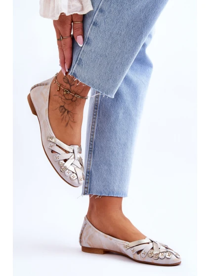 Dámské Kožené Baleríny model 21620670 Béžová a zlatá - Maciejka