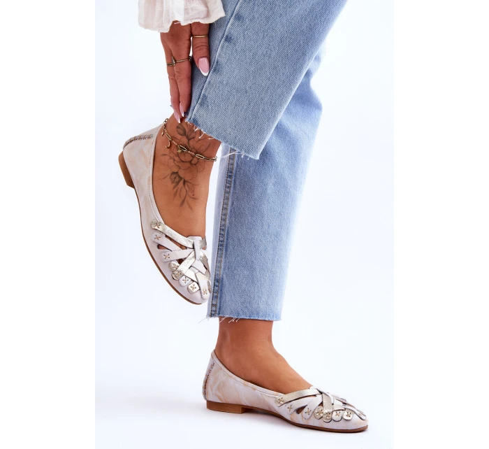 Dámské Kožené Baleríny model 21620670 Béžová a zlatá - Maciejka