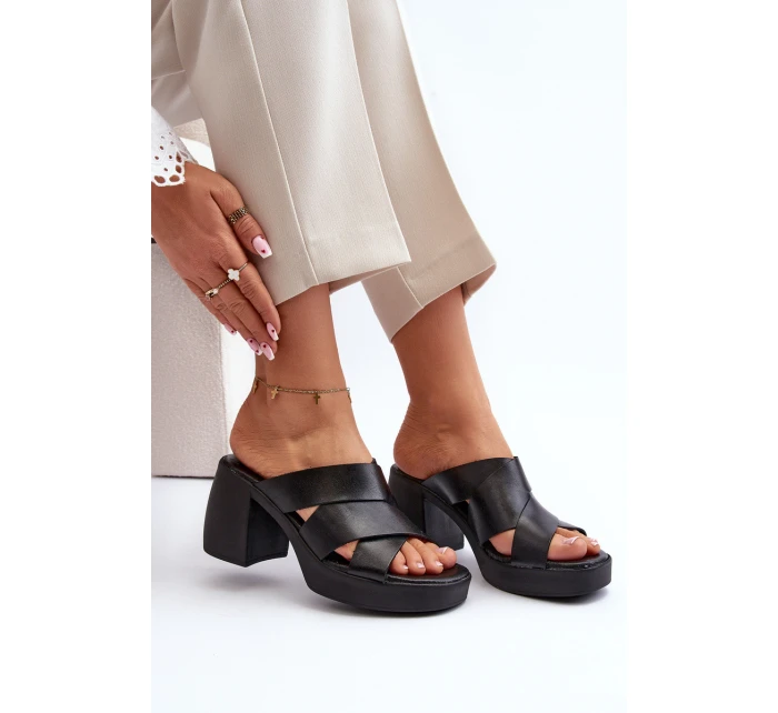 Zazoo 40373 Skórzane Klapki Na Klocku Czarne