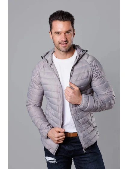 Svetlosivá prešívaná pánska bunda s kapucňou (HM112-30)