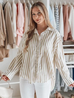 Dámské oversize tričko s prodlouženým zadním dílem v béžové barvě s bílými pruhy Dstreet model 21986145 - FashionStreet