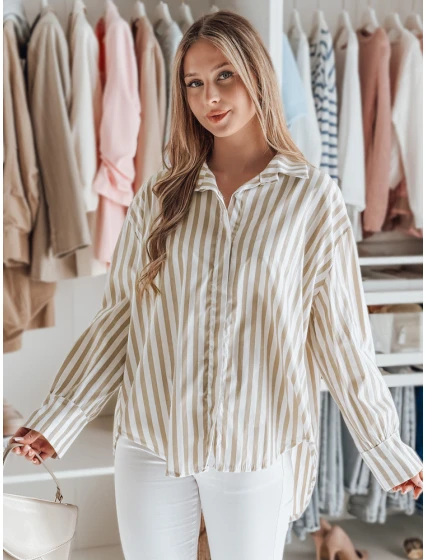 Dámske nadrozmerné tričko s predĺženým zadným dielom SAMONE v béžovej farbe s bielymi pruhmi FashionStreet DY0463