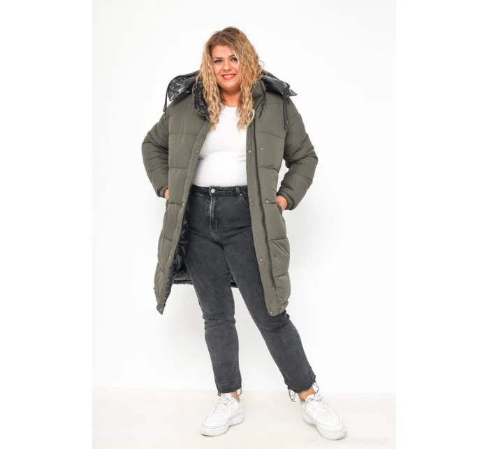 Čierno-haki hrubšia obojstranná dámska zimná bunda (V768g)