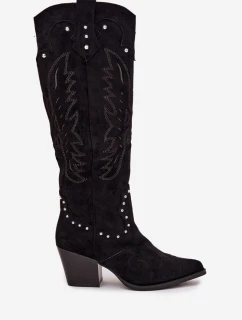 Dámske kovbojské čižmy so zdobením na stĺpcovom podpätku Darella - čierne