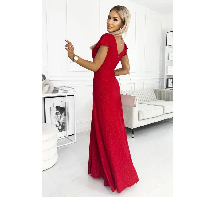 CRYSTAL Dlouhé červené lesklé dámské šaty s výstřihem model 18326796 - numoco