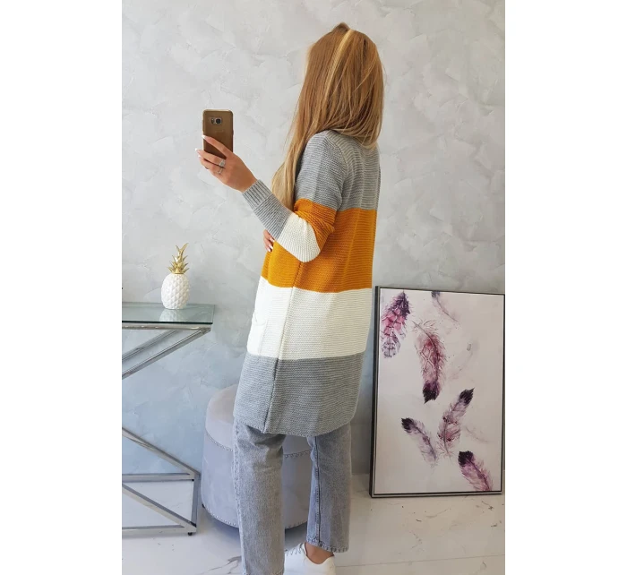 Šedý+horčičný pruhovaný sveter