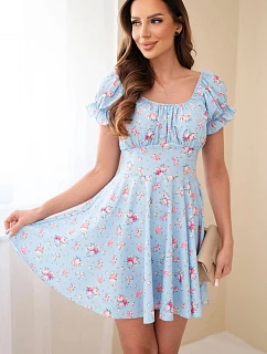 Dámske kvetinové šaty s volánovými rukávmi a elastickým pásom modré