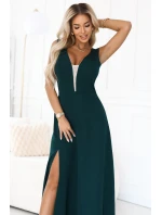 model 21767696 Módní maxi šaty s rozparkem na nohavicích lahvově zelené - numoco model 21767696 Módní maxi šaty s rozparkem na nohavicích lahvově zelené - numoco