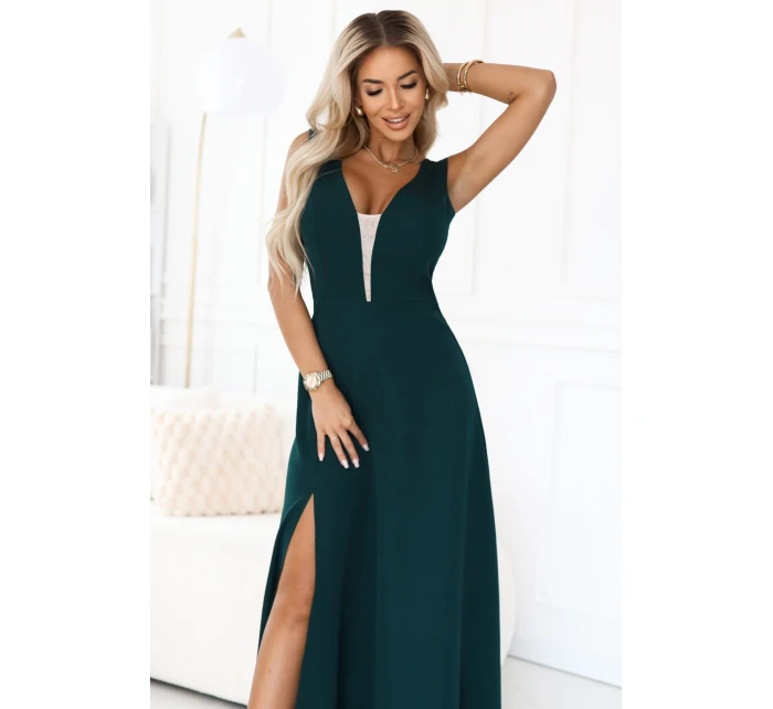 model 21767696 Módní maxi šaty s rozparkem na nohavicích lahvově zelené - numoco model 21767696 Módní maxi šaty s rozparkem na nohavicích lahvově zelené - numoco