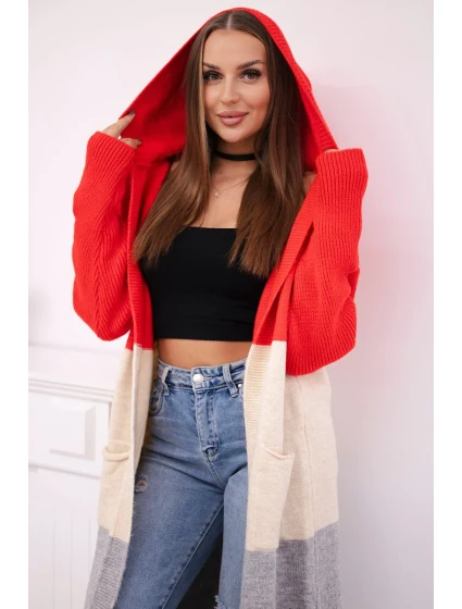 Pruhovaný sveter s kapucňou červený + béžový + sivý