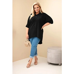 Dámske bavlnené tričko plus size s gombíkmi a golierom čierne