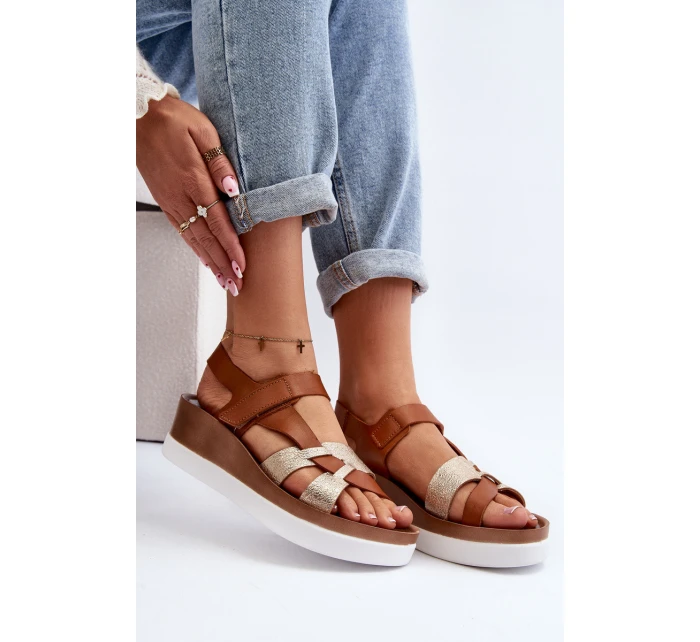 model 21648135 Dámské Kožené Sandály na Platformě Hnědé - Zazoo