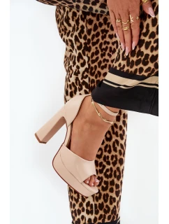 Sandały Damskie Na Słupku I Platformie Eko Skórzane Beżowe Lomman