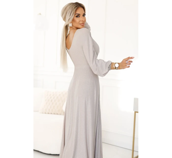 třpytivé dlouhé šaty s výstřihem, dlouhými rukávy a rozparkem na nohou BEACH model 20997233 - numoco