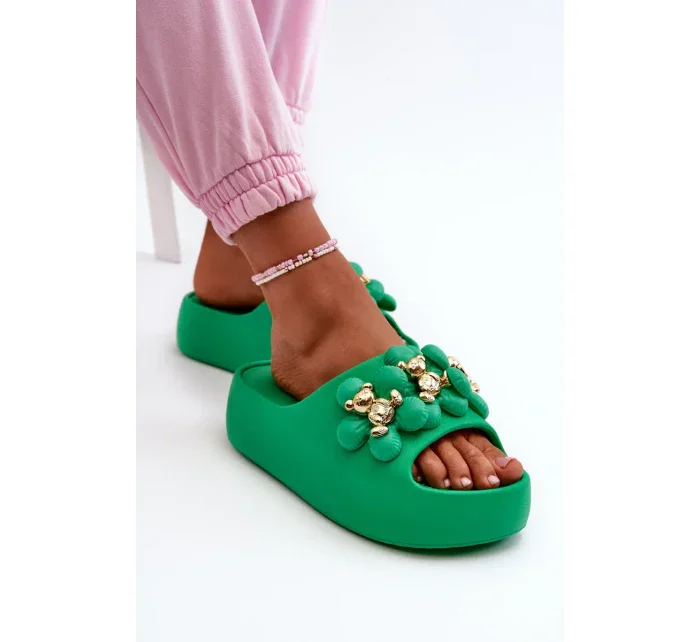 Dámske penové papuče s ozdobou na hrubej podrážke, zelené Bremavia