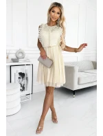Béžové dámské šaty s krajkou a zlatým opaskem model 18622703 - numoco basic