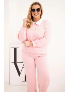 Dámske plus veľkosť maslo set so širokými nohami a golierom svetlo ružová