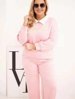 Dámský komplet máslo Plus Size se širokými nohavicemi a límečkem světle růžový