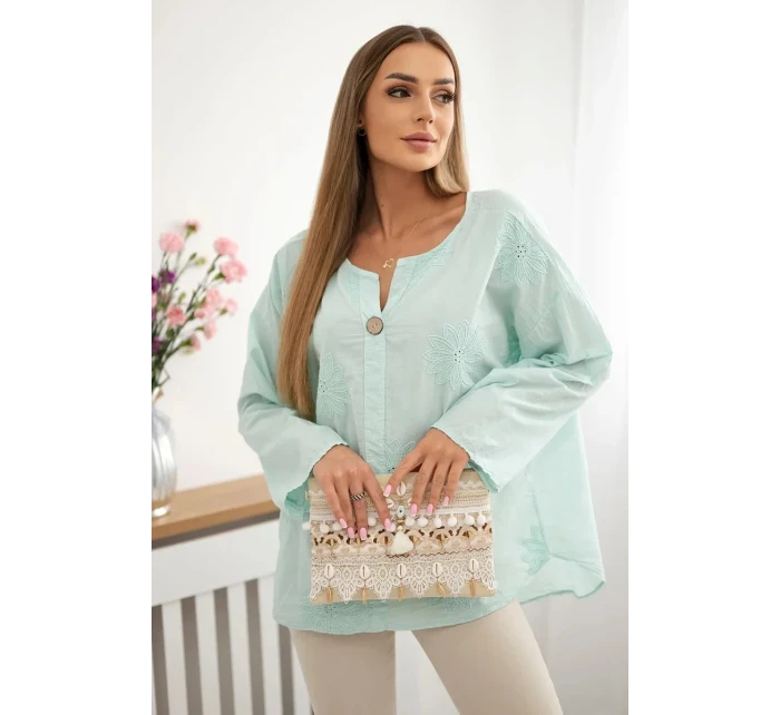 Košeľová blúzka s vyšívaným vzorom mint