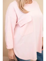 Dámska blúzka v nadmernej veľkosti s bavlnou, vreckom a zvlnenými rukávmi púdrovo ružová