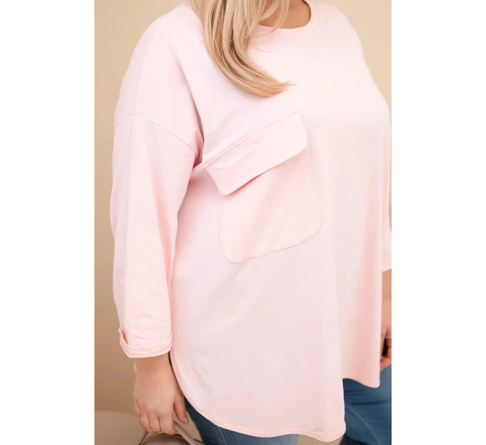 Dámska blúzka v nadmernej veľkosti s bavlnou, vreckom a zvlnenými rukávmi púdrovo ružová