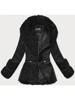 Čierna dámska bunda z eko kože s kožušinovým golierom Way Mode (OMS-15WD-01)