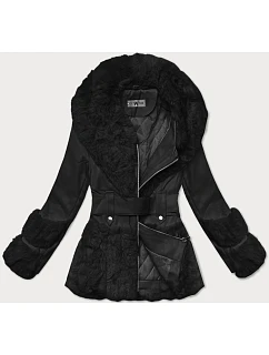 Dámska bunda z ekokože s kožušinovým golierom Way Mode black (OMS-15WD-01)